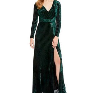 Badgley Mischka Emerald Green Velvet Maxi Dress with Thigh Slit